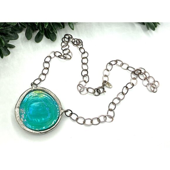 Iridescent Green Glass Pendant Necklace With Silver Chain - Picture 5 of 7